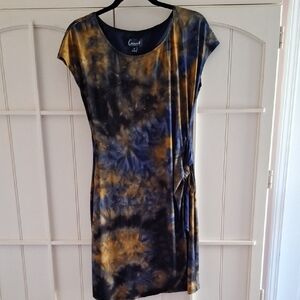Connected Apparel Blue and Gold Tie-Dye Mini Dress